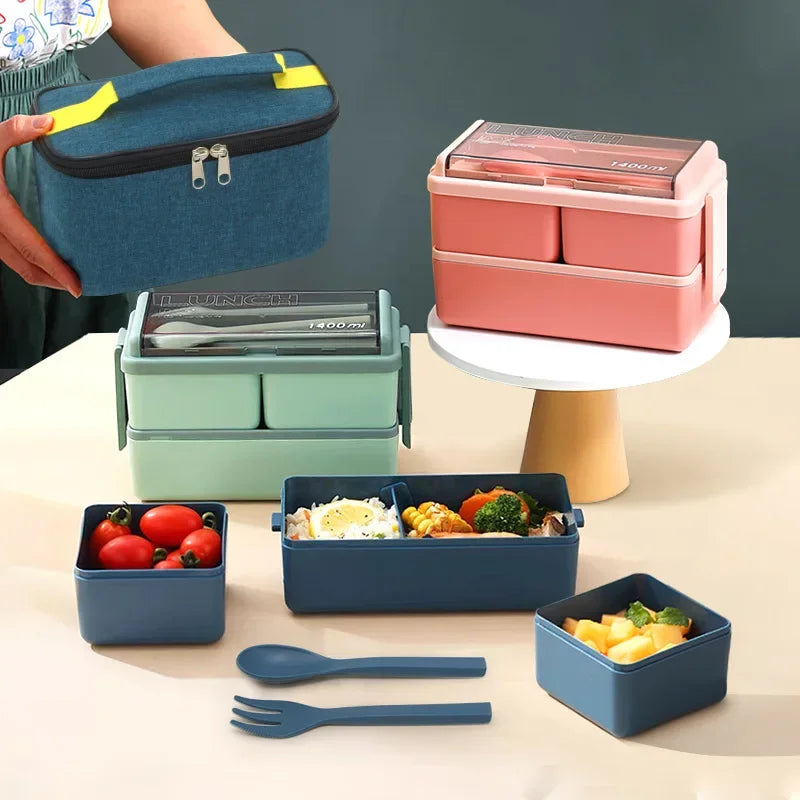Set of Double Layer Lunch Box with Storage Bag Leakproof Microwave safe