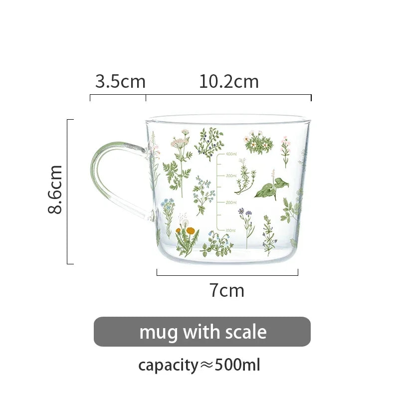 Green Botanical Pattern Borosilicate Glass Cup – 450ml & 500ml Sizes Available