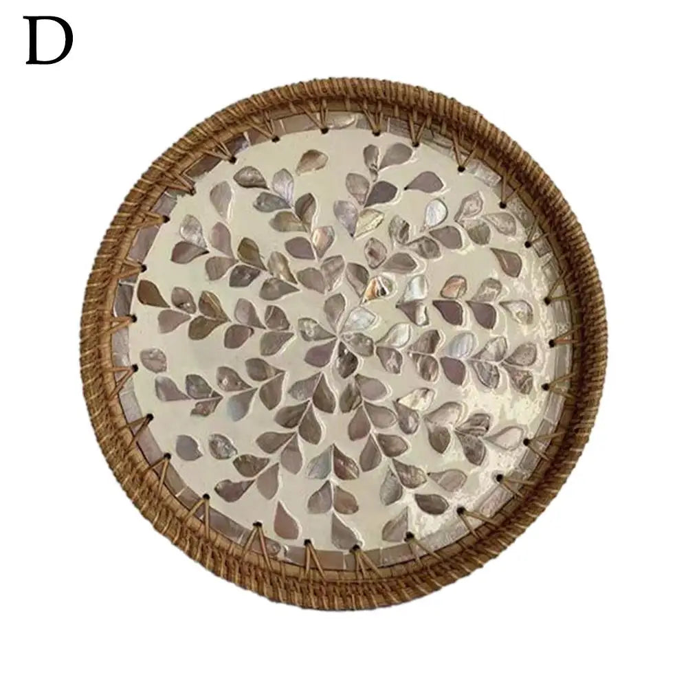 Unique Decorative Round Rattan Serving Tray with Mother-of-Pearl Inlay