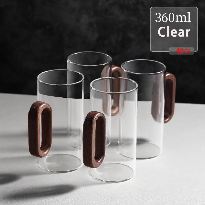 2/4/6PCS Luxury Transparent Black Glass Mug Set with Wooden Handle