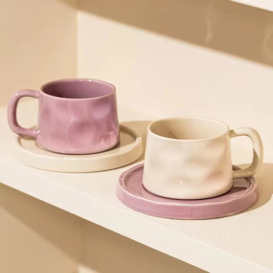 300ML Ceramic Coffee Mug with Saucer Set – Elegant Design in 3 Colors