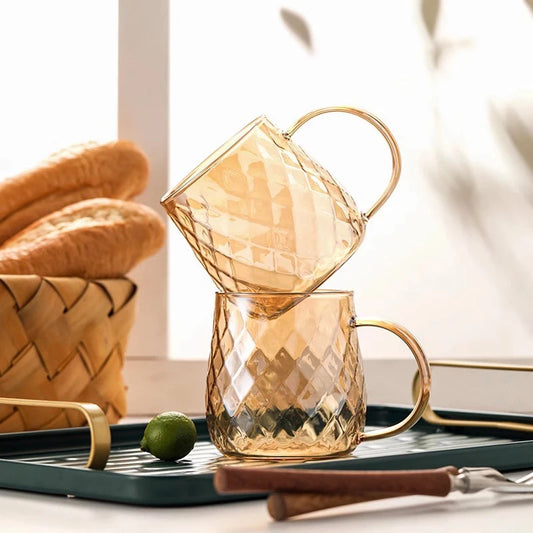 Diamond Textured Glass Cup – 380ml Golden Teacup Mug with Handle