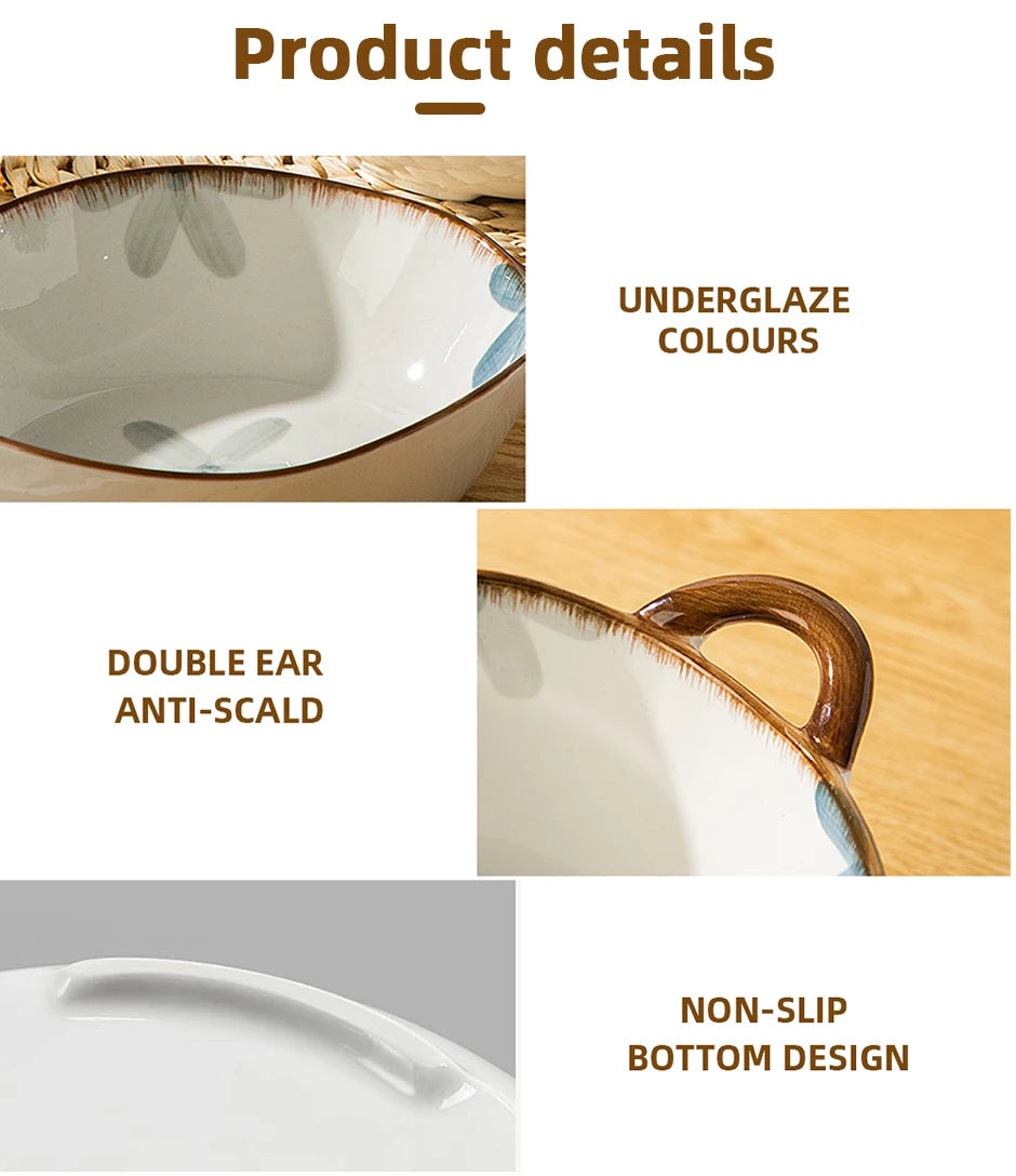 1500ml Household Ceramic Soup Bowl, Salad bowl with Double Handles β Large Capacity