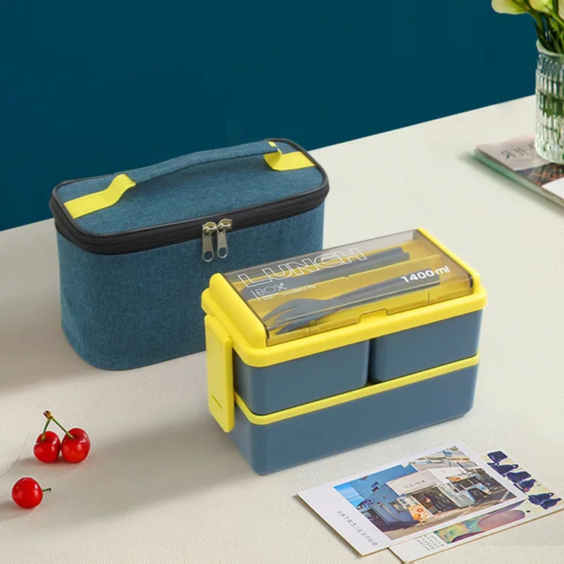 Set of Double Layer Lunch Box with Storage Bag Leakproof Microwave safe