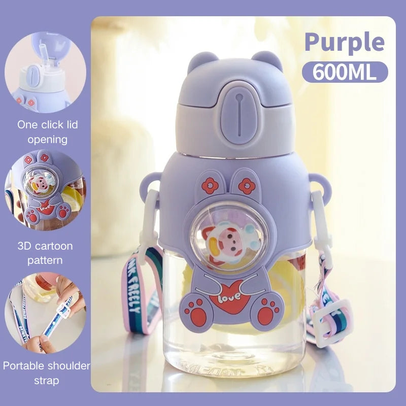 600ML Cute Cartoon Water Bottle with Straw & Removable Strap
