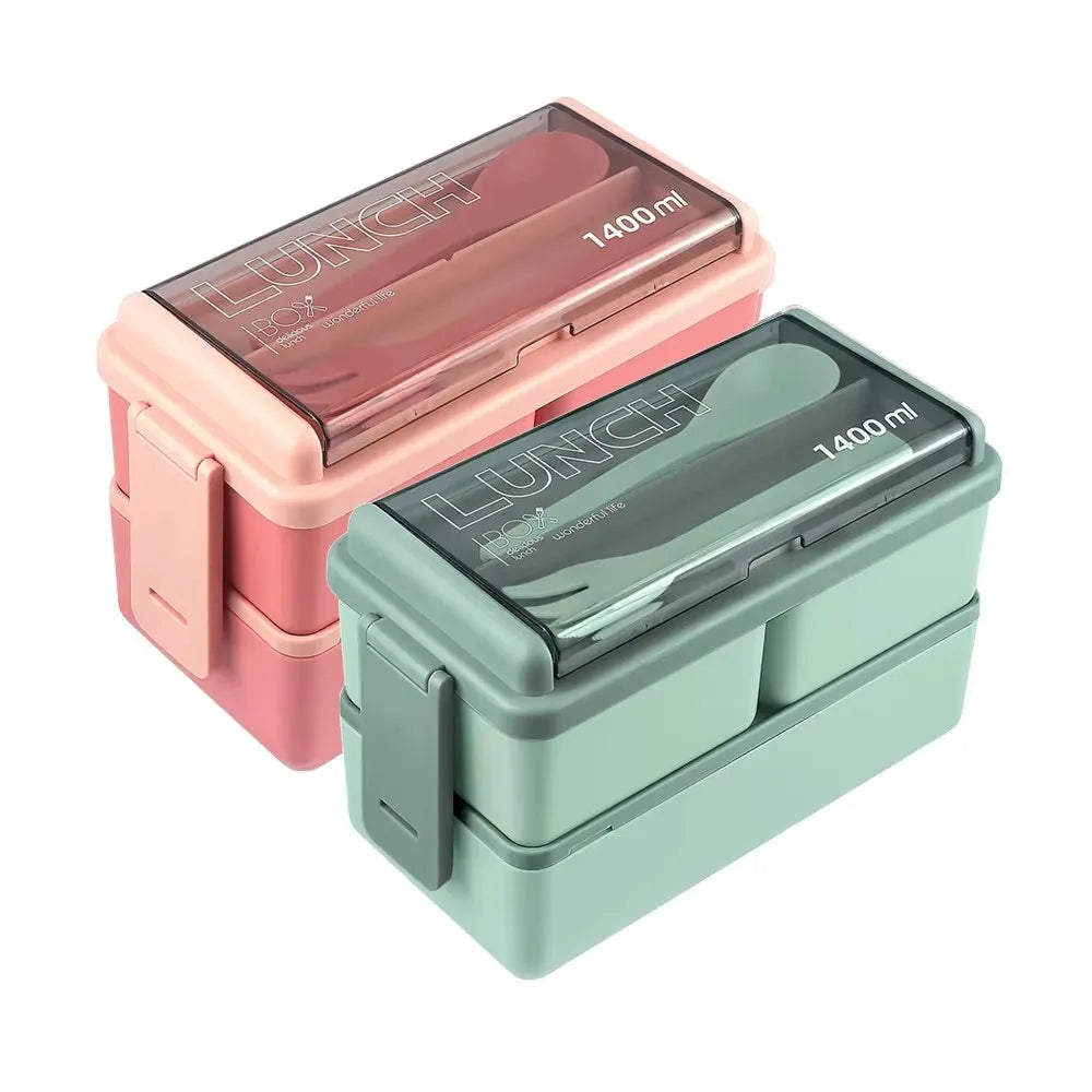 Double Layer Portable Lunch Box With Fork and Spoon