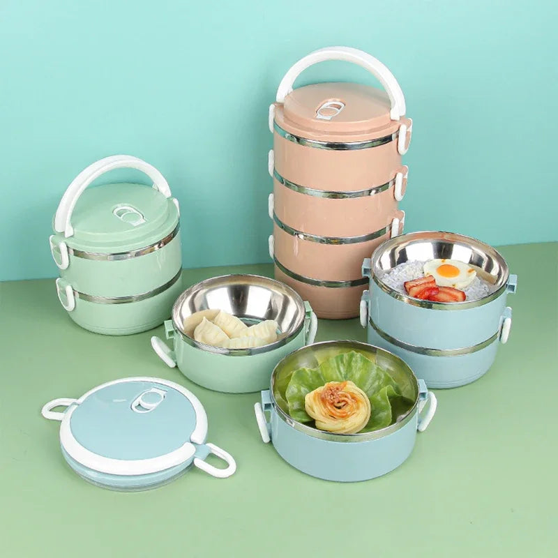 Multi-layer Thermal Lunch Box Stackable Round Metal Stainless Steel container