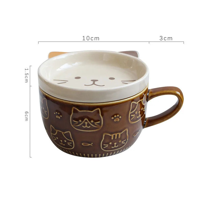 Japanese Cartoon Cat Coffee Cup with Cover ā 300ml Ceramic Mug