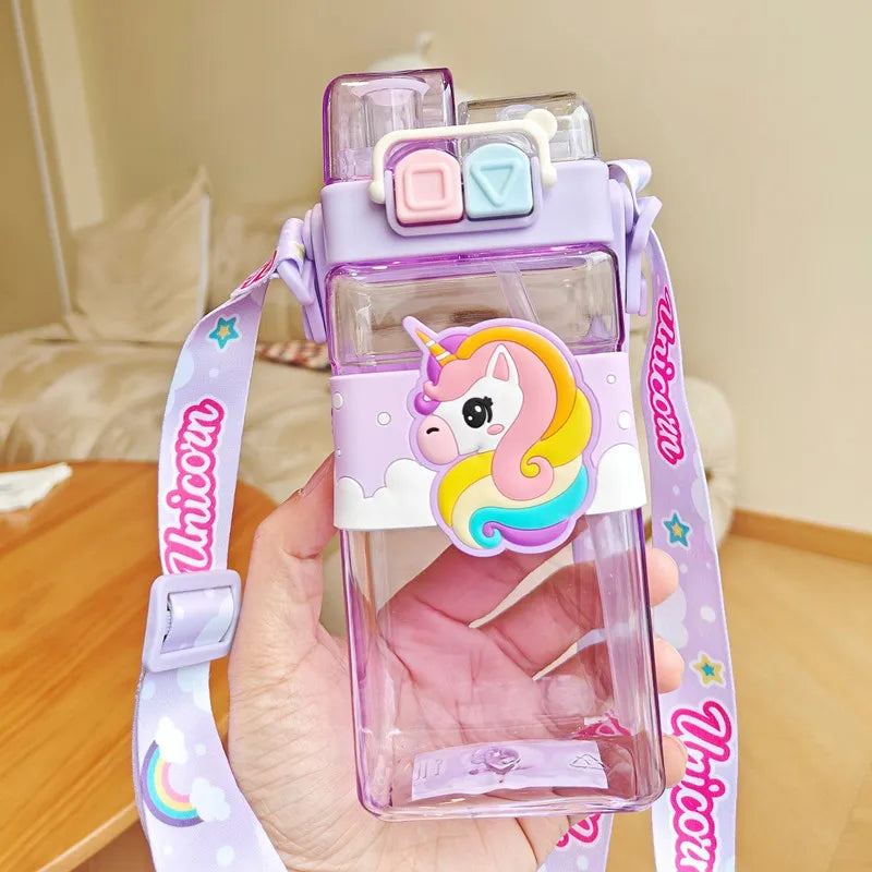 520ml Cute Water Bottle β Rectangular Shape with Strap, 2-Way Sip Style