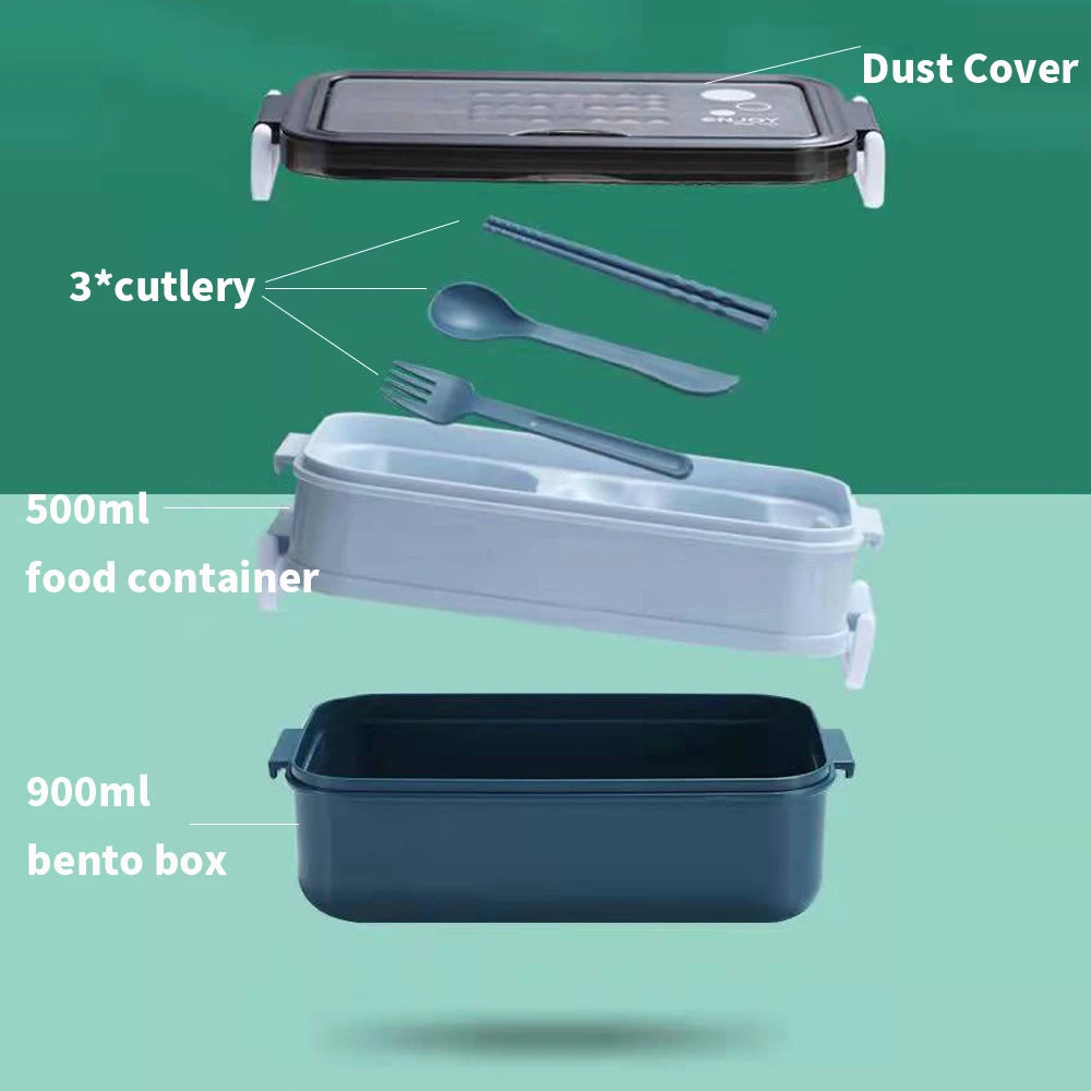 Double-layer Lunch Box With Fork Chopsticks And Spoon 1400ml