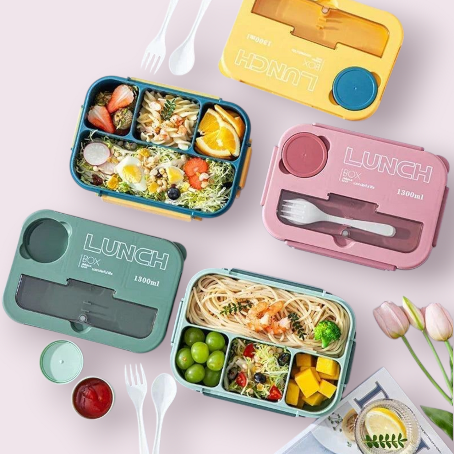 1300ML- Lunch Box with 4 Compartments β Leakproof Bento Lunchbox