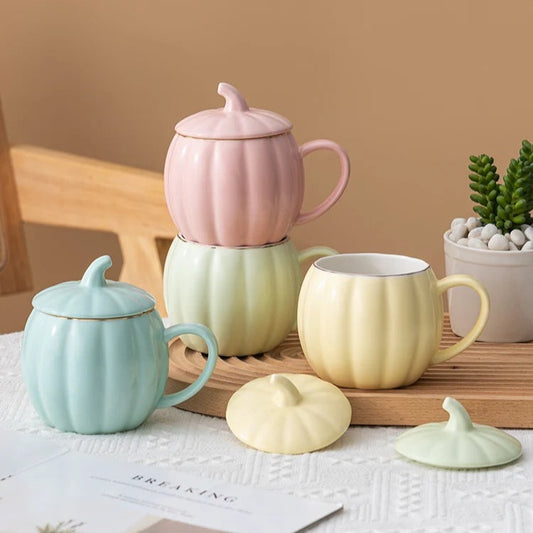 400ml Pumpkin Shape Mug with Lid – Multi-Purpose Pastel Ceramic Cup