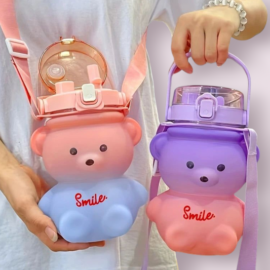 Cute Bear Shape Water Bottle with Straw & Shoulder Strap