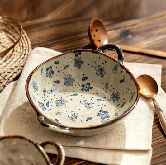 Beautiful Ceramic Pottery Bowl – Floral Rustic Pattern with Handle (7.5 Inch)