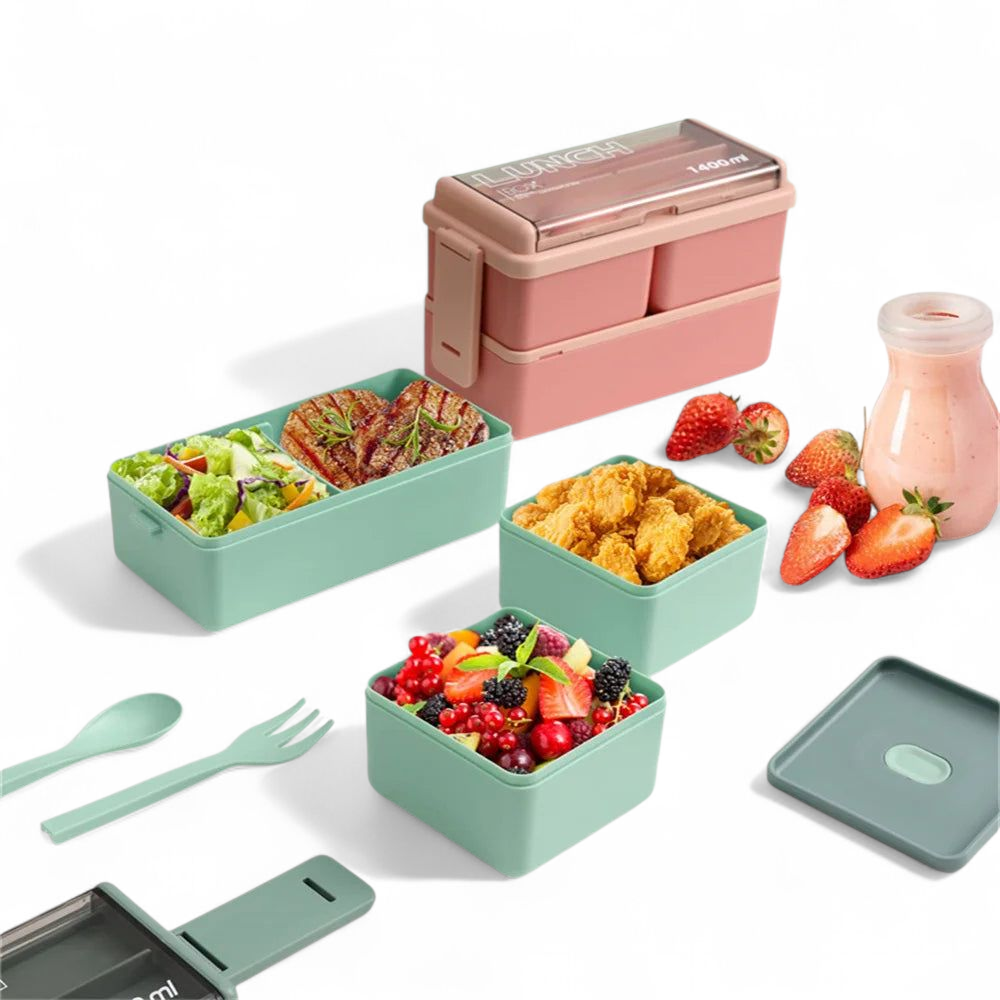 Double Layer Portable Lunch Box With Fork and Spoon