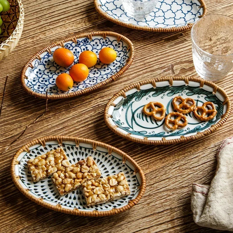 Rattan Woven Rim Ceramic Fruit Plate – Multi-Purpose Snack & Dessert Tray