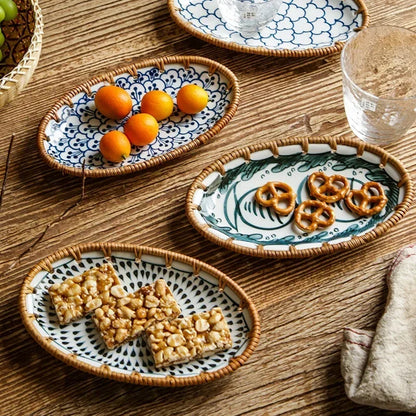 Rattan Woven Rim Ceramic Fruit Plate – Multi-Purpose Snack & Dessert Tray