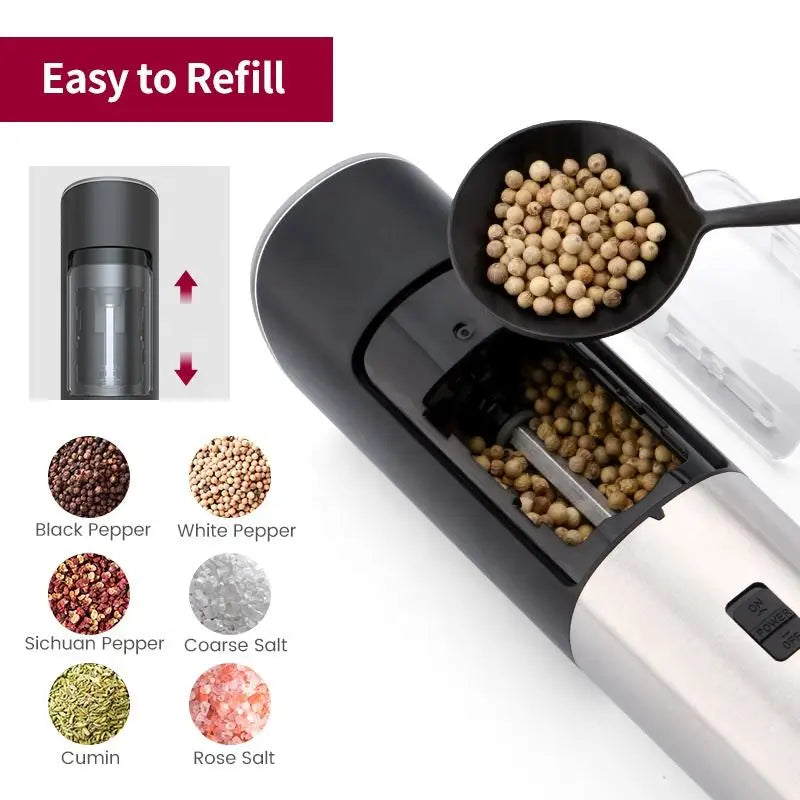 Electric Salt & Pepper Grinder – Gravity Automatic Spice Mill with LED Light