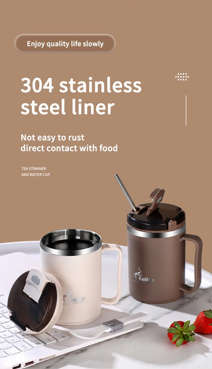 Double-Wall Thermal Coffee Cup With Strainer&Spoon Portable Leak Proof Coffee Mug