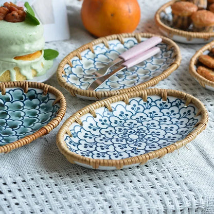 Rattan Woven Rim Ceramic Fruit Plate – Multi-Purpose Snack & Dessert Tray