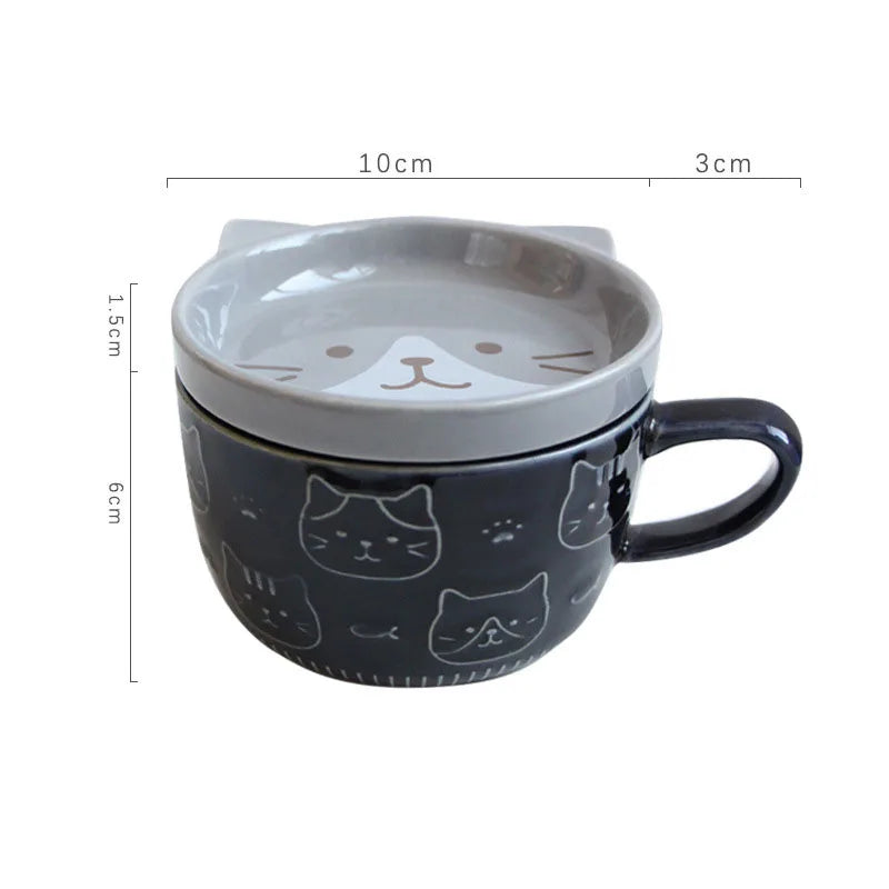 Japanese Cartoon Cat Coffee Cup with Cover – 300ml Ceramic Mug