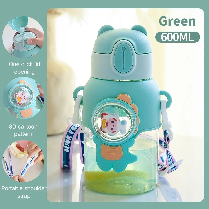 600ML Cute Cartoon Water Bottle with Straw & Removable Strap