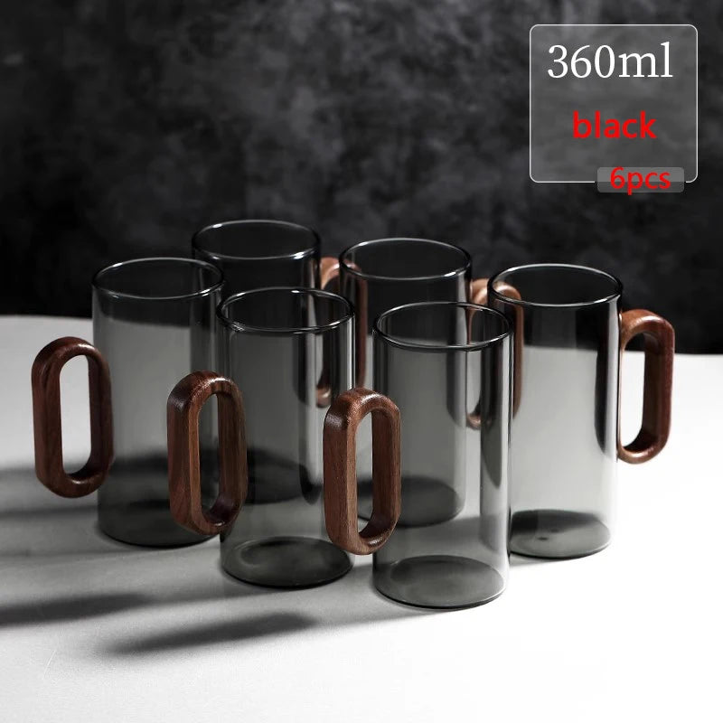 2/4/6PCS Luxury Transparent Black Glass Mug Set with Wooden Handle