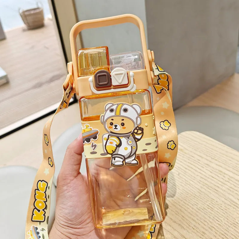 520ml Cute Water Bottle – Rectangular Shape with Strap, 2-Way Sip Style