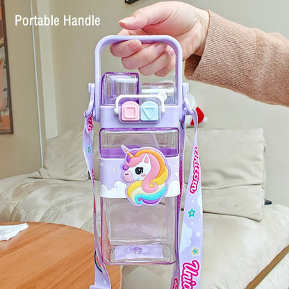 520ml Cute Water Bottle – Rectangular Shape with Strap, 2-Way Sip Style