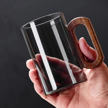 2/4/6PCS Luxury Transparent Black Glass Mug Set with Wooden Handle