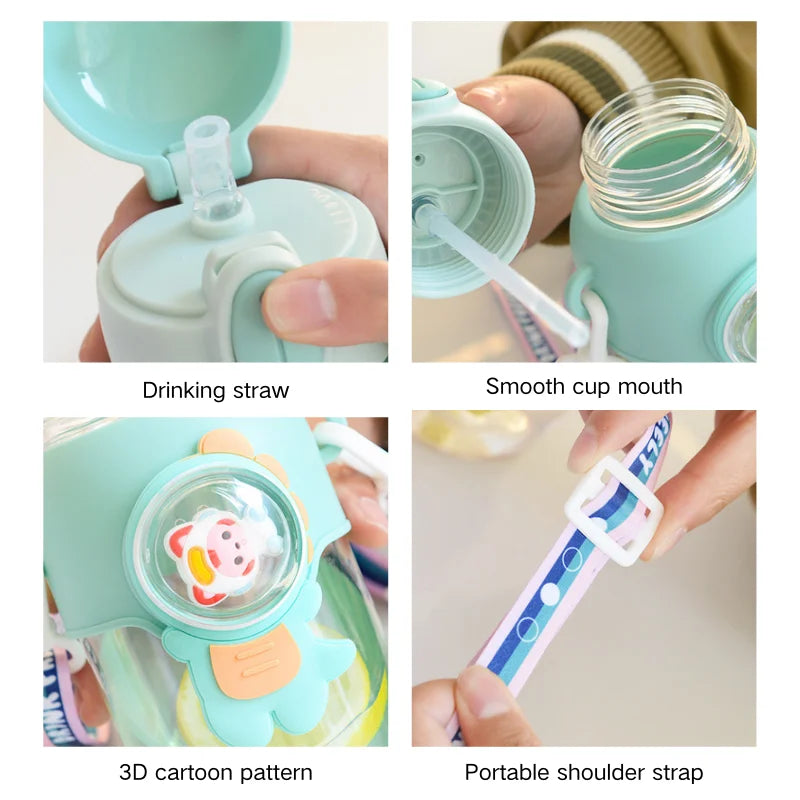600ML Cute Cartoon Water Bottle with Straw & Removable Strap