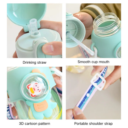 600ML Cute Cartoon Water Bottle with Straw & Removable Strap