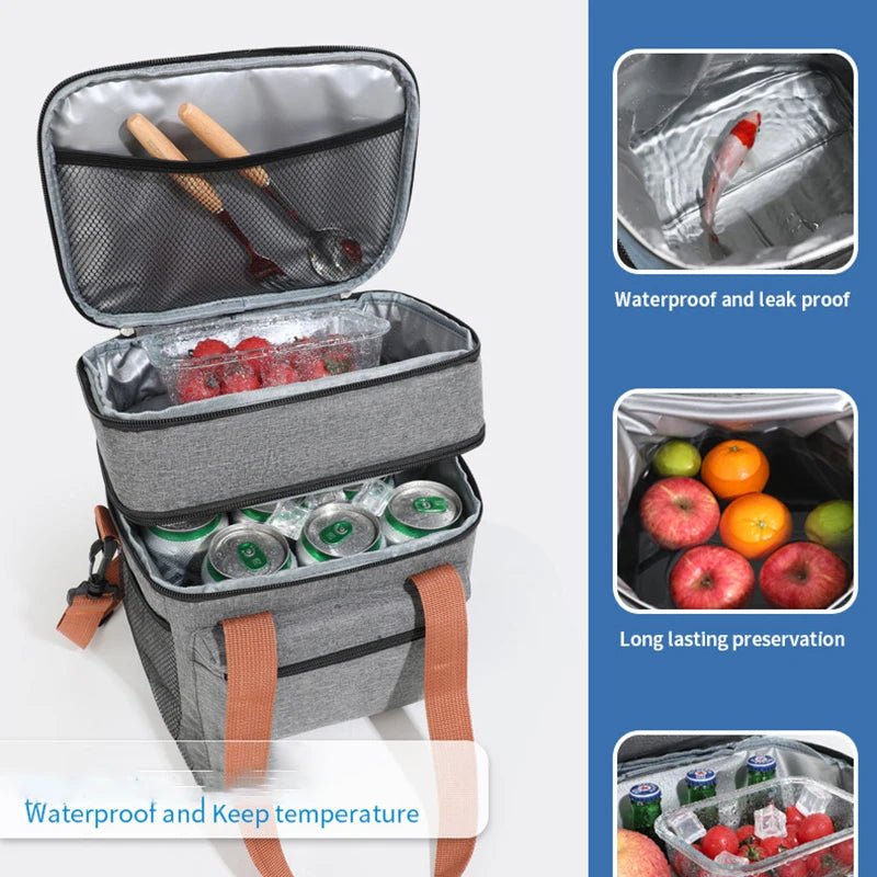 Double Layers Large Capacity Lunch Bag Thermal Insulation Picnic Bag With Shoulder Strap