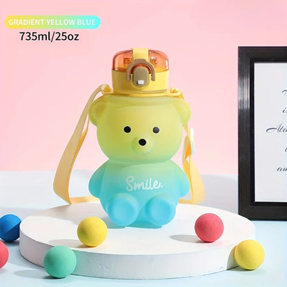 Cute Bear Shape Water Bottle with Straw & Shoulder Strap