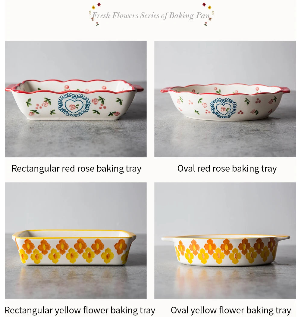 Flowers Rectangular Oval Ceramic Bakeware Pan with Handle – Multi-Size Baking Dish