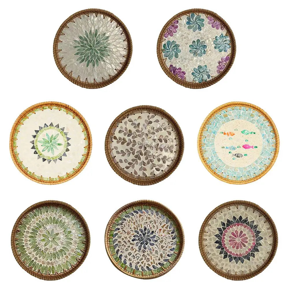 Unique Decorative Round Rattan Serving Tray with Mother-of-Pearl Inlay