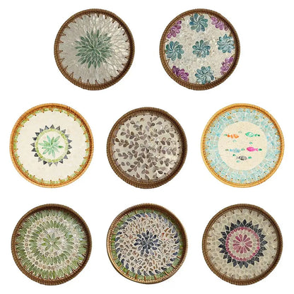 Unique Decorative Round Rattan Serving Tray with Mother-of-Pearl Inlay