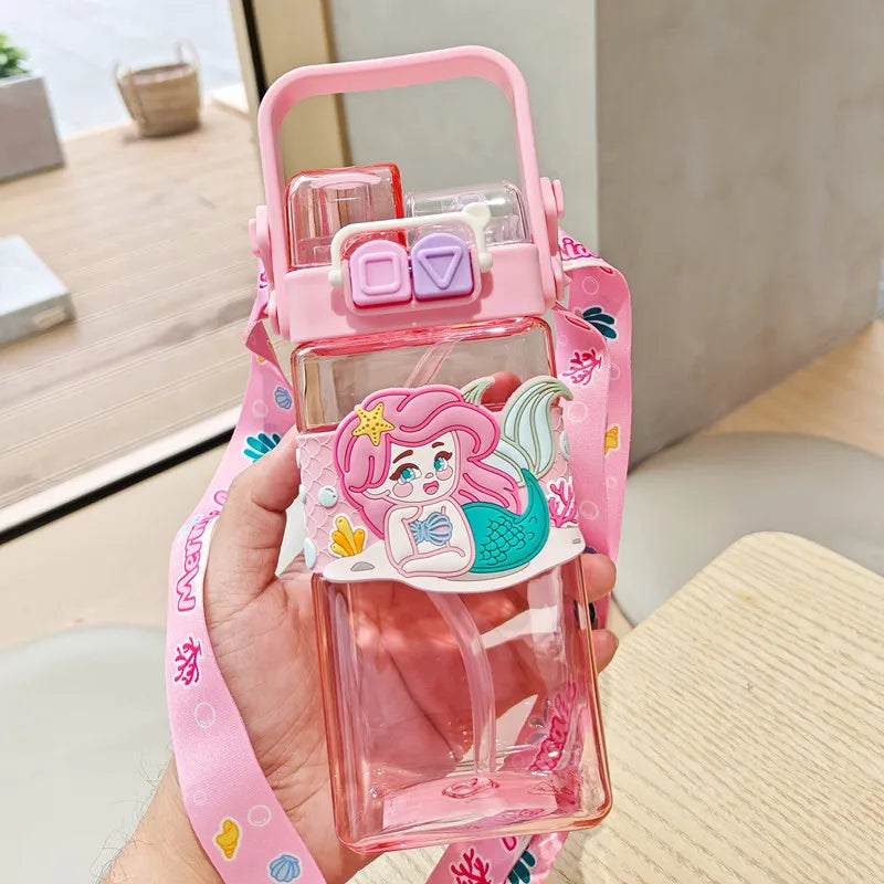 520ml Cute Water Bottle – Rectangular Shape with Strap, 2-Way Sip Style