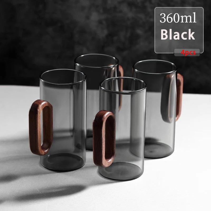 2/4/6PCS Luxury Transparent Black Glass Mug Set with Wooden Handle