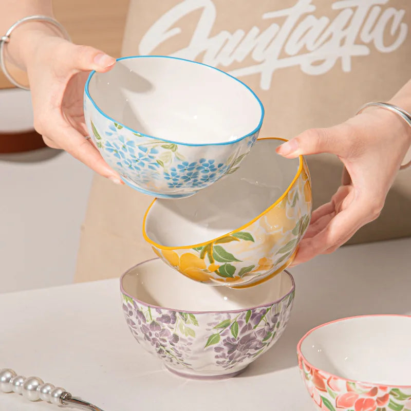 Hand-Painted floral design Ceramic - soup - snack- dessert Bowl