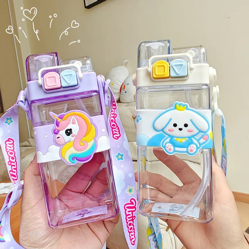 520ml Cute Water Bottle – Rectangular Shape with Strap, 2-Way Sip Style