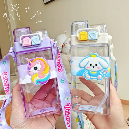 520ml Cute Water Bottle – Rectangular Shape with Strap, 2-Way Sip Style