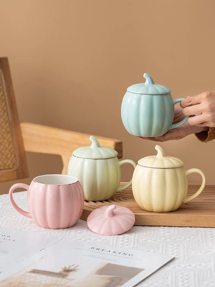 400ml Pumpkin Shape Mug with Lid – Multi-Purpose Pastel Ceramic Cup