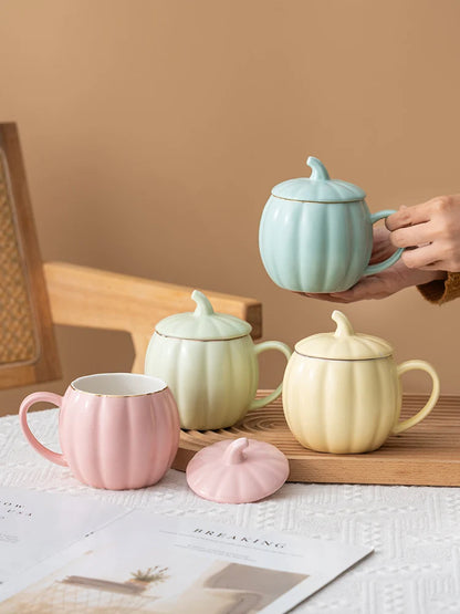 400ml Pumpkin Shape Mug with Lid – Multi-Purpose Pastel Ceramic Cup