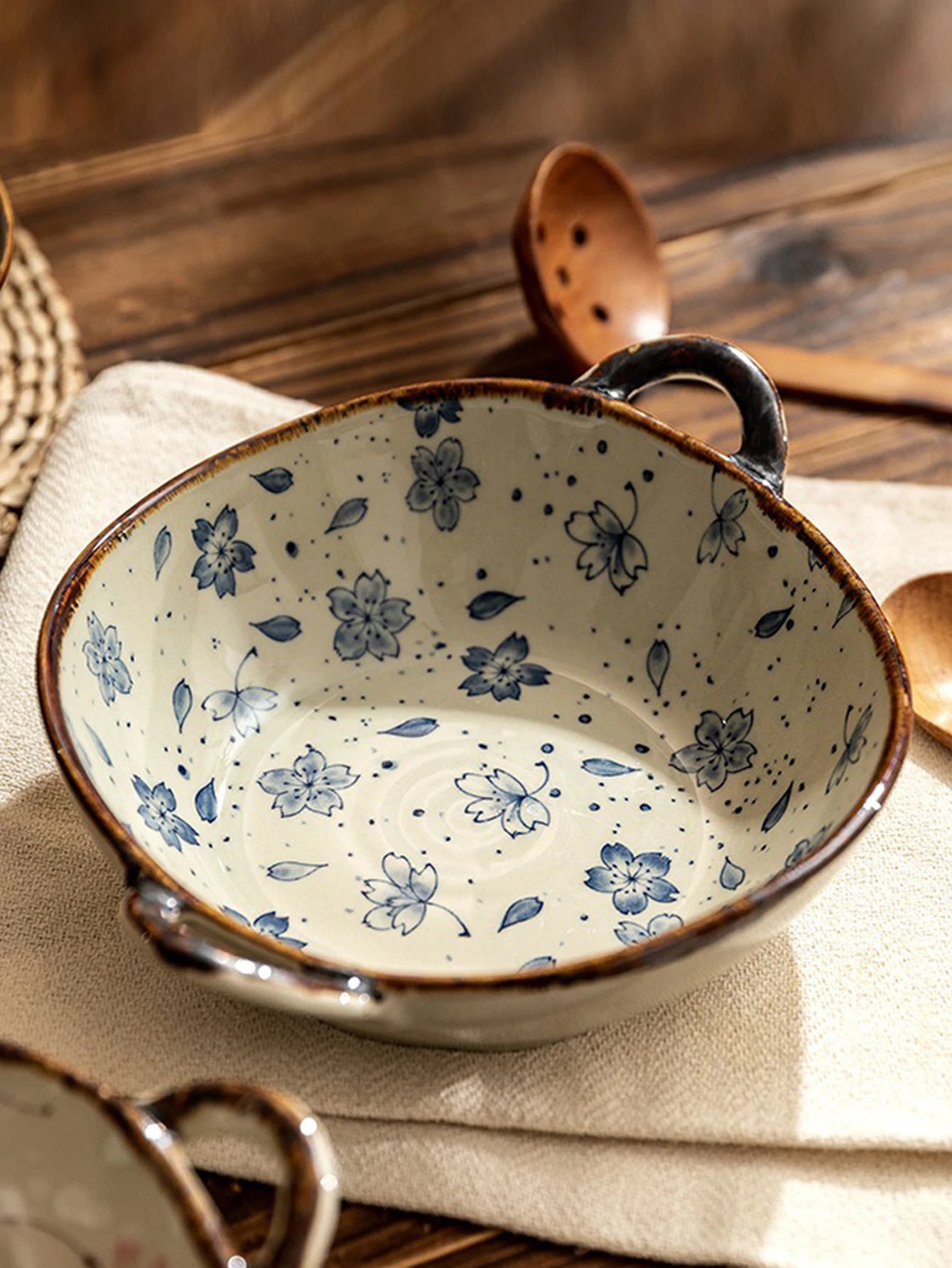 Beautiful Ceramic Pottery Bowl – Floral Rustic Pattern with Handle (7.5 Inch)
