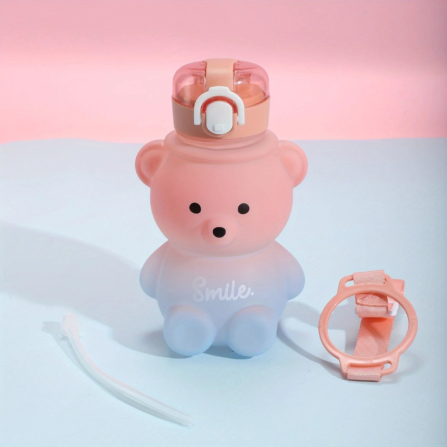 Cute Bear Shape Water Bottle with Straw & Shoulder Strap