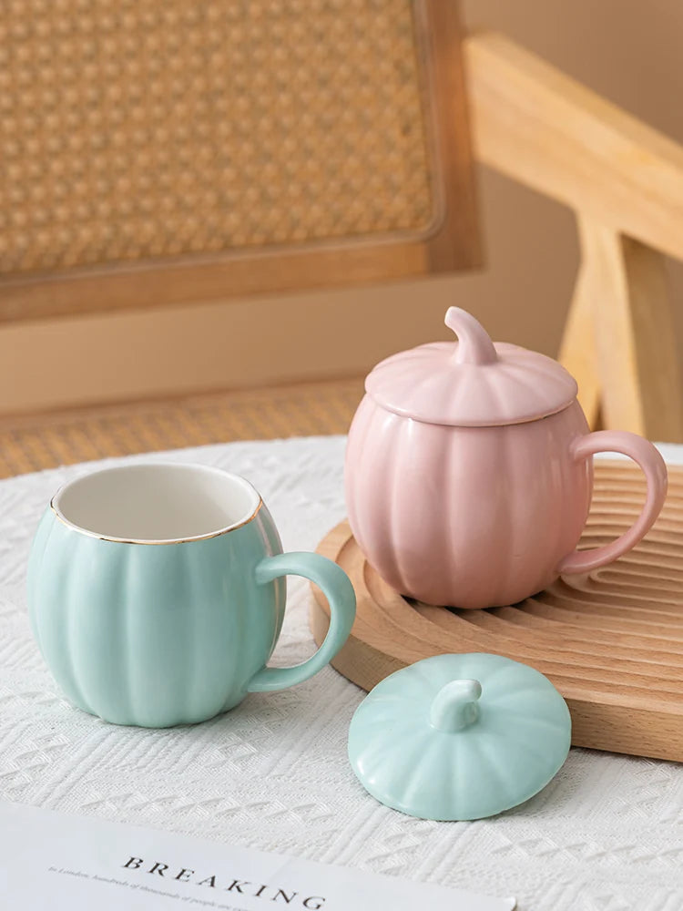 400ml Pumpkin Shape Mug with Lid – Multi-Purpose Pastel Ceramic Cup
