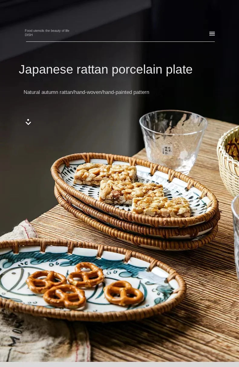 Rattan Woven Rim Ceramic Fruit Plate – Multi-Purpose Snack & Dessert Tray
