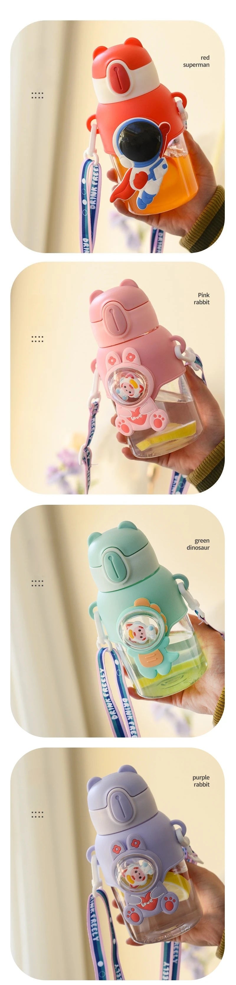 600ML Cute Cartoon Water Bottle with Straw & Removable Strap