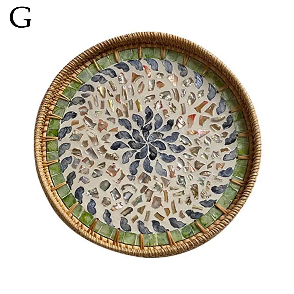 Unique Decorative Round Rattan Serving Tray with Mother-of-Pearl Inlay